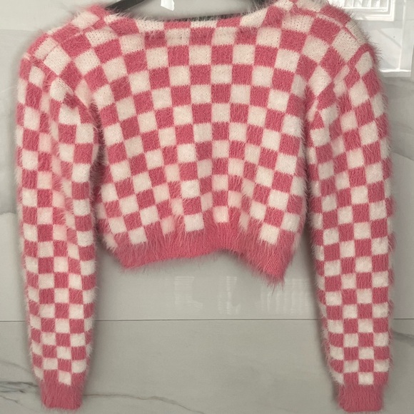 Fuzzy Pink and White Checkered Cropped Cardigan - Picture 3 of 5